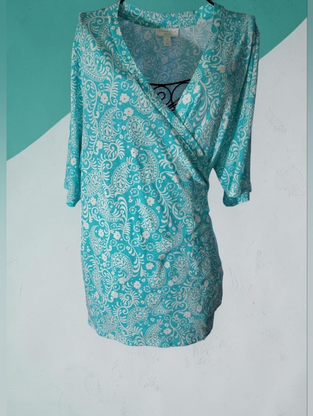 Croft & Barrow Aqua and White Paisley Wrap-Effect Tunic Size 3x